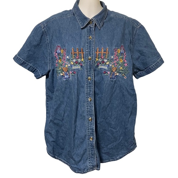 Vintage Cool Blues Embroidered Garden Teddy Bear Denim Button Down Shirt - Picture 2 of 9